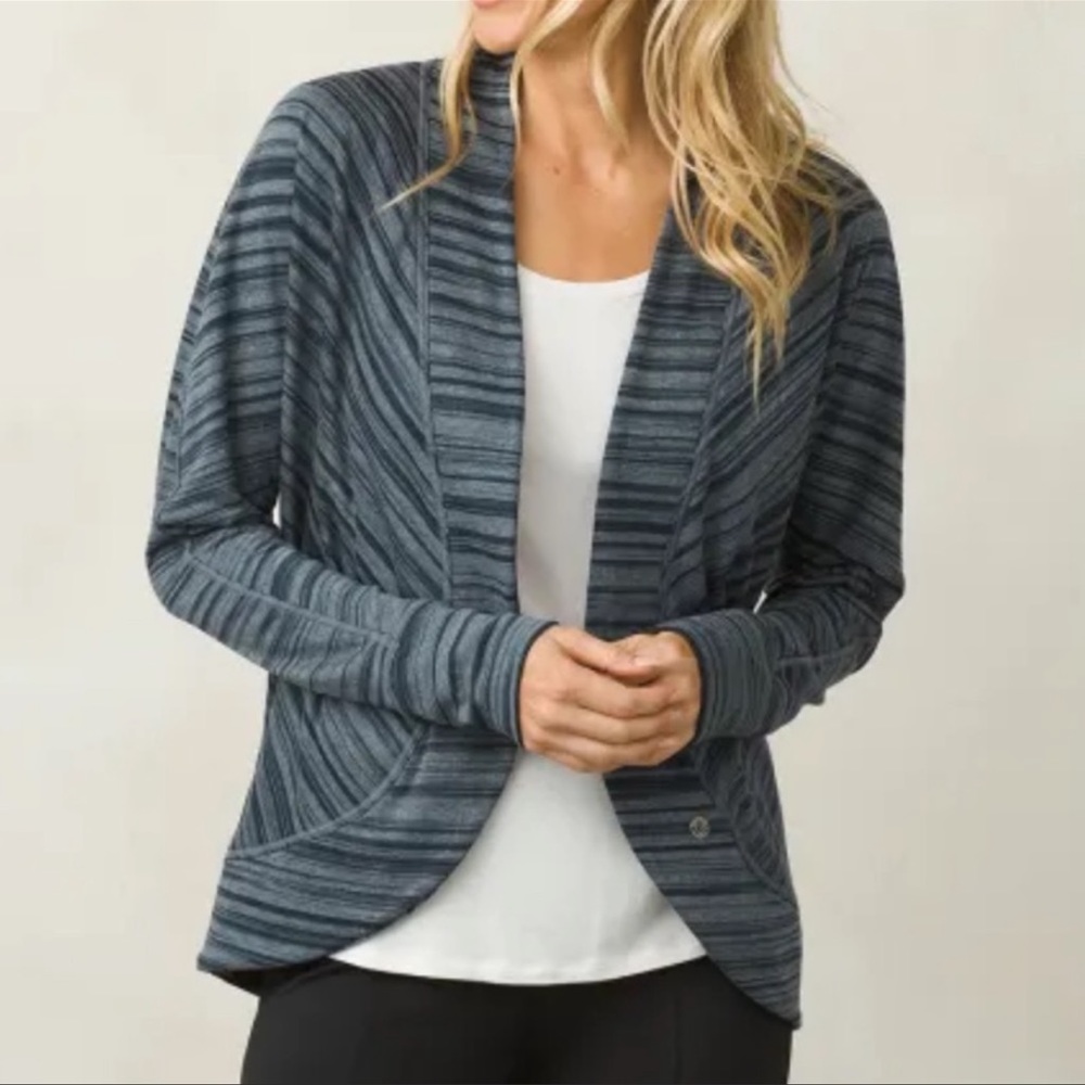 Prana Paradiso Cocoon Open Cardigan Blue Gray Stripe Yoga Loungewear-XS